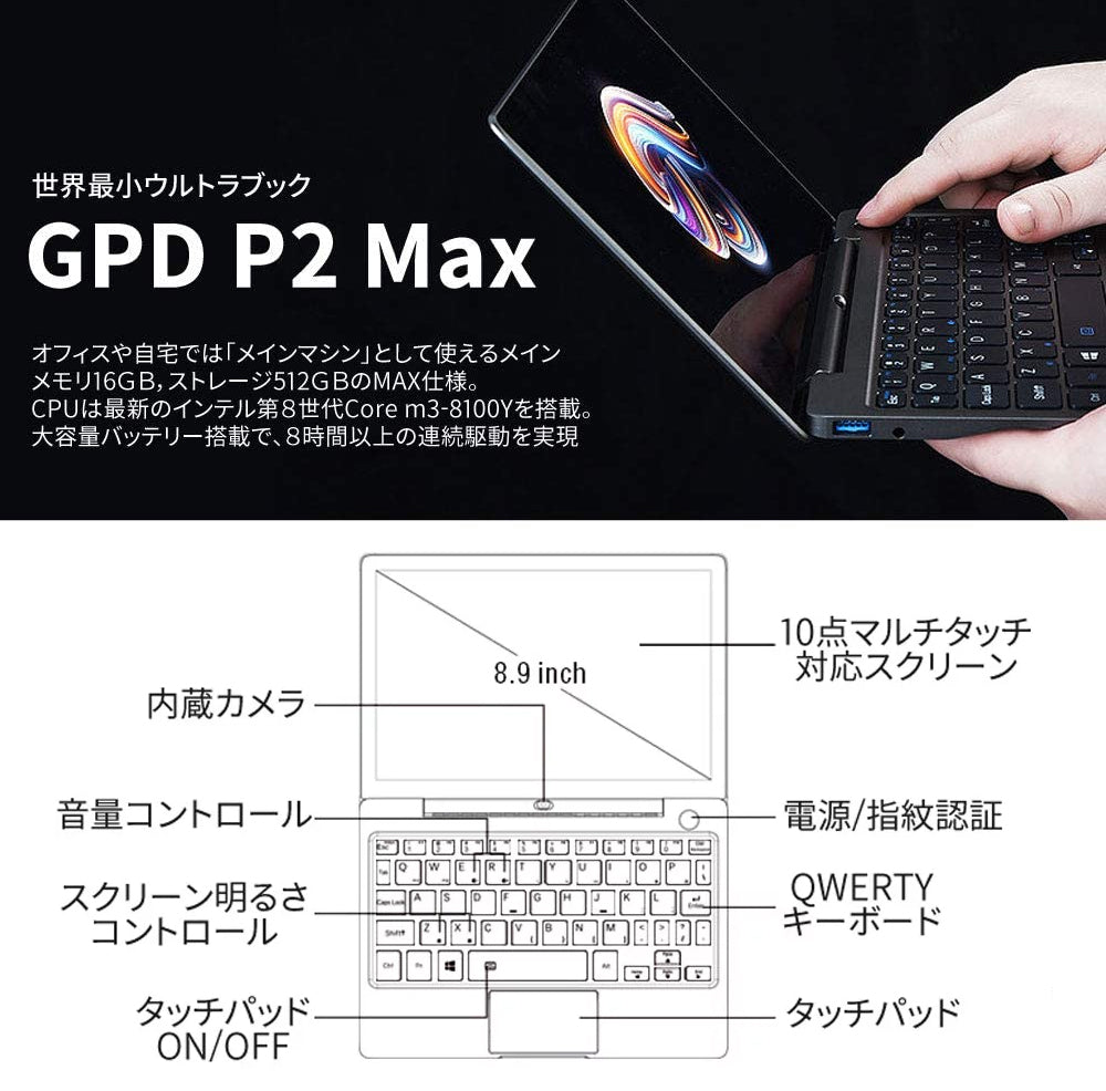 GPD P2 Max プレミアムパック（Core m3-8100Y/16GB/512GB/WPS Office）