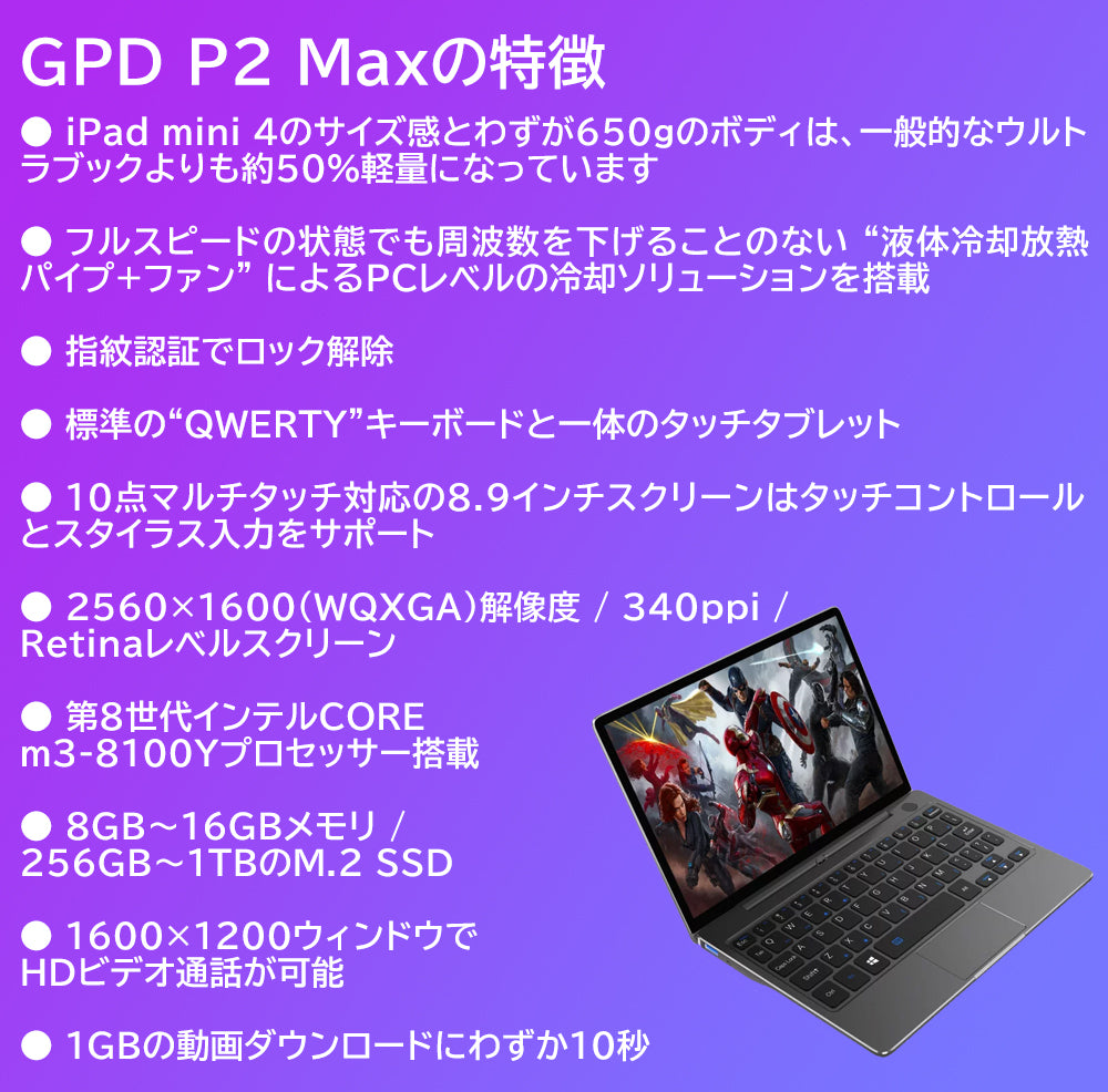 GPD P2 Max プレミアムパック（Core m3-8100Y/16GB/512GB/WPS Office 