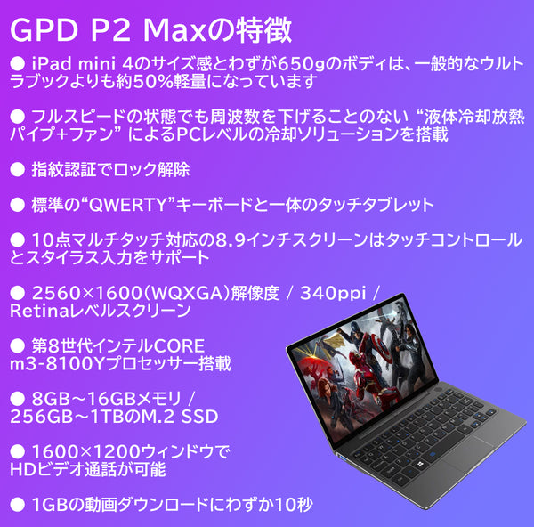 GPD P2 Max プレミアムパック（Core m3-8100Y/16GB/512GB/WPS Office）